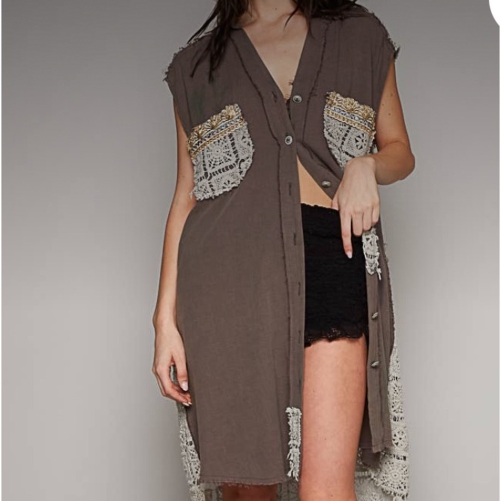 POL Brown Crochet-Pocket Tunic